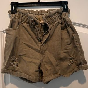 Aaron and Amber olive green distressed shorts